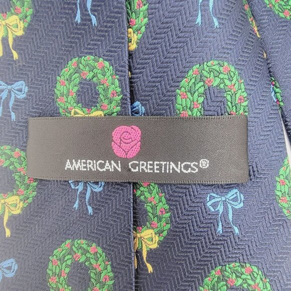 ⭐American Greetings Vintage Men's Christmas Wreath Blue Green 100% Silk Tie - Picture 2 of 6